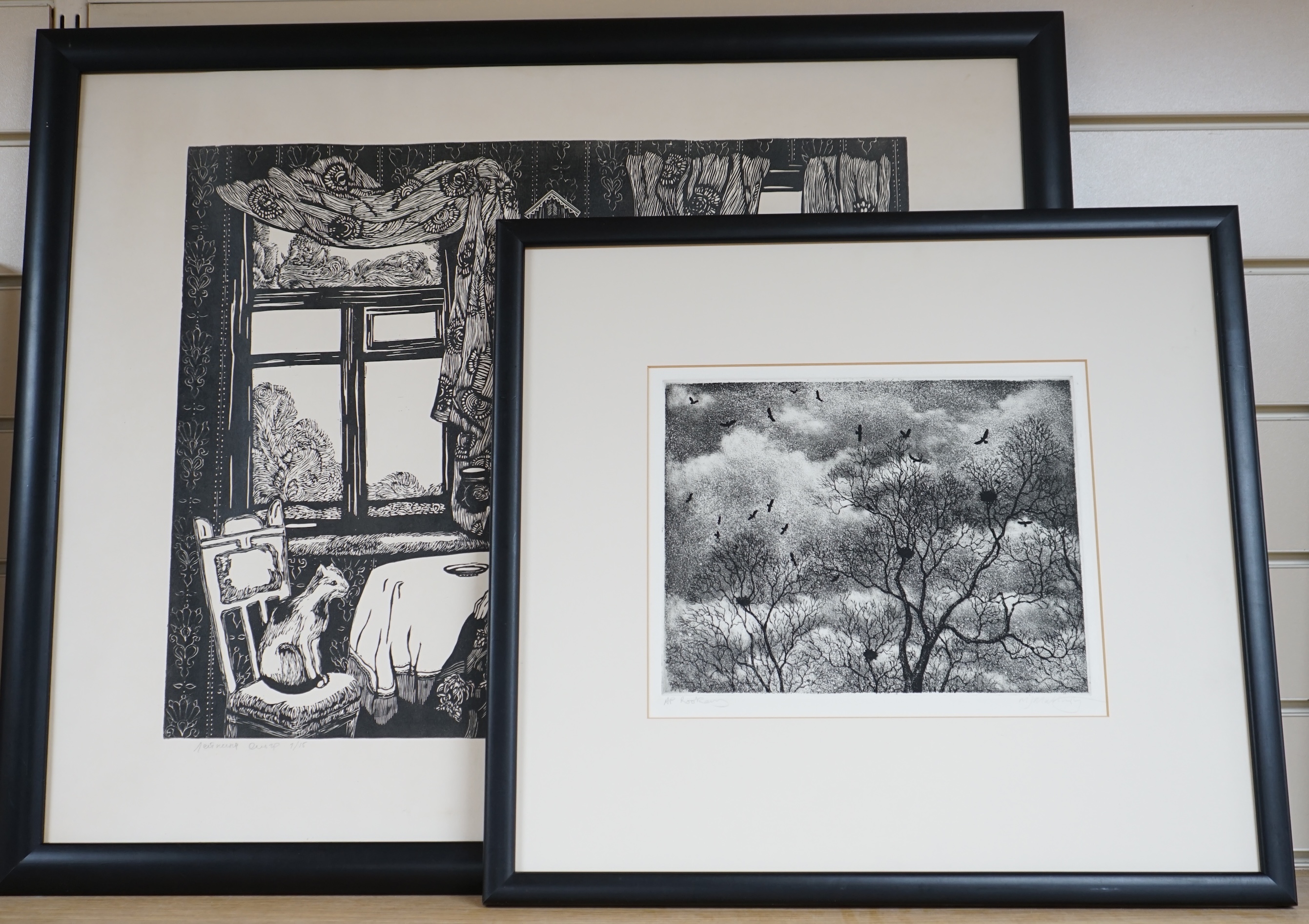 Michael Mattingley, artists proof etching, ‘Rookery’, together with Olga Leykina, linocut, ‘Breakfast’, limited edition 1/15, each signed in pencil, largest 52 x 64cm. Condition - fair to good